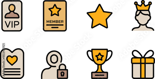 Collection of VIP and member status icons including a trophy, gift, star, and crown, representing achievement and exclusivity in a minimalist style