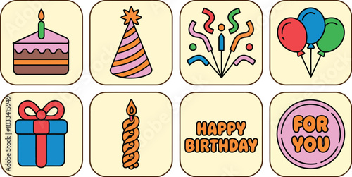 Collection of eight birthday celebration icons including cake, party hat, fireworks, balloons, gift, candle, and text decorations