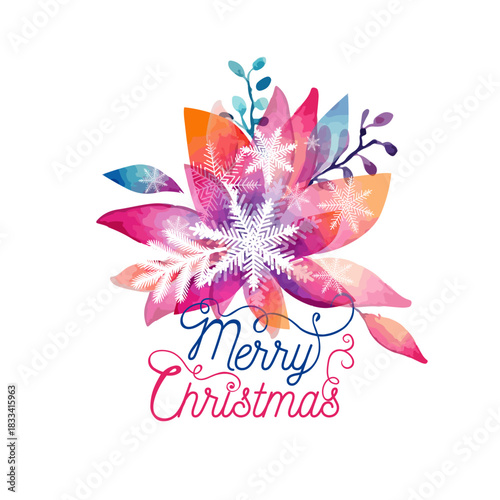 Merry Christmas postcard. Watercolor abstract snowflake painting hand drawing. Not AI, Vector illustrations