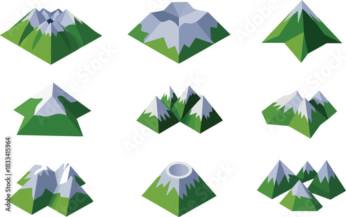 Collection of Isometric Mountain Icons with Green Peaks and Snowy Summits on Cream Cards