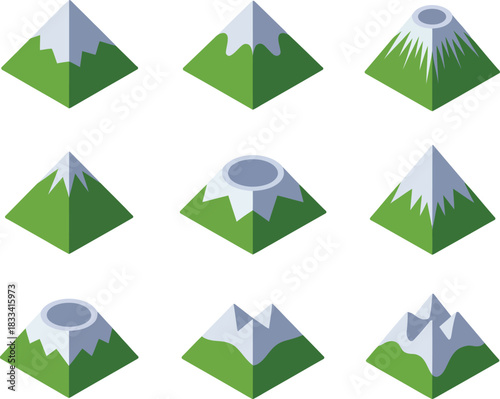 Set of 9 isometric illustrations of green mountains with snow-capped peaks against a white background