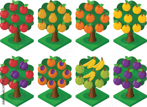 Vibrant isometric fruit tree collection, featuring diverse produce such as apples, pears, oranges, and plums, rendered in a clean vector style for graphic design