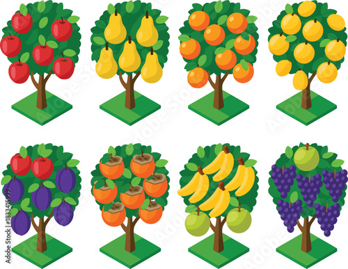 A diverse set of stylized fruit trees in an isometric design, each tree displaying a unique type of colorful and ripe fruit