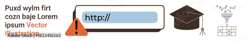 Online learning, education technology, digital information, data organization, web safety, graduation . Academic cap, warning icon URL text box funnel sorting information. Online learning