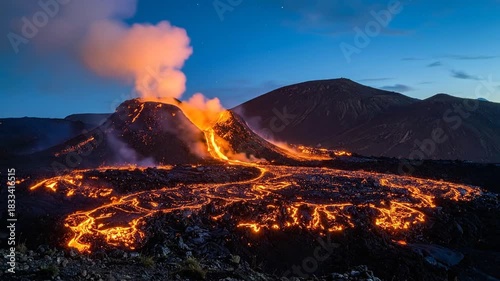 Erupting Volcano at Night: Lava Flow and Explosion
