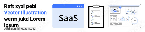 SaaS solutions, data analysis, business reporting, tech workflows, analytics, and dashboards. Browser window with SaaS label, clipboard checklist graphs and charts. SaaS solutions and data analysis