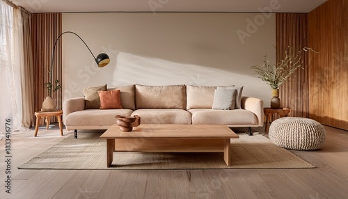 modern minimalist living room with a cozy sofa wooden tables and soft textured decor in warm tones