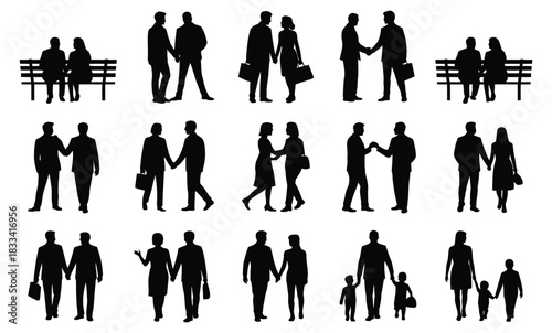 Silhouettes of diverse people in various interactions: couples, families, business, and individuals.