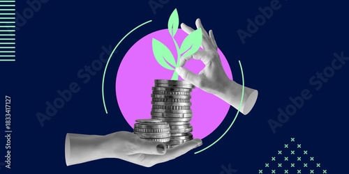 Financial growth and investment returns. Hand holding stack of coins with sprouting plant, symbolizing capital appreciation and wealth accumulation. Minimalist Art Collage