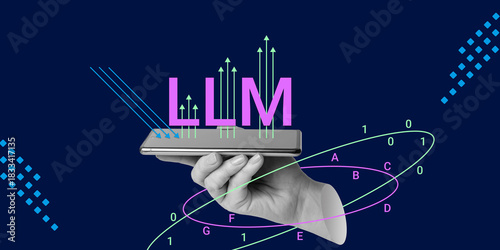 Large Language Models and AI technology. Hand holding smartphone with LLM acronym, data streams and binary code visualization. Minimalist Art Collage