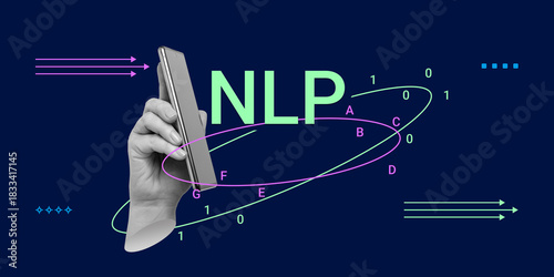 Natural Language Processing and AI-powered text analysis. Hand holding smartphone with NLP acronym, data flow and binary code visualization. Minimalist Art Collage