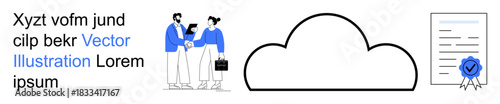 Data management, cloud storage, team collaboration, secure exchange, digital certification, document verification. People collaborating, cloud icon certified document. Cloud storage and data