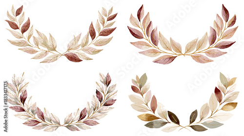 Elegant watercolor leaf laurel wreaths in natural earthy shades. Perfect for invitations branding decor wedding design botanical themes and refined decorative artwork.