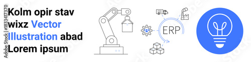 Industrial automation, energy solutions, innovation, technology, manufacturing, data management. Robotic arm, ERP system lightbulb icon. Industrial automation and energy solutions concept