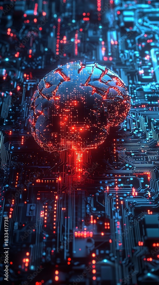 Fototapeta premium Red Glowing Brain Circuitry on Motherboard artificial intelligence Image