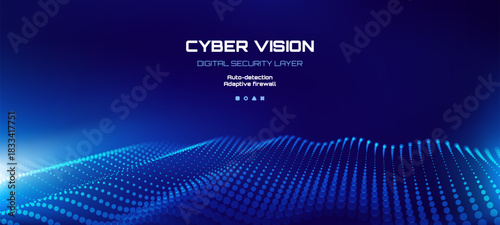 Cyber vision digital security layer. Abstract futuristic vector background with glowing blue particle wave for technology concept.