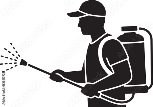 Agricultural worker operating backpack sprayer applying pesticide or herbicide, farm chemical application service professional icon vector illustration.