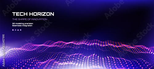 Dark blue digital background with glowing purple and pink particles creating a wave pattern. Technology vector background for data visualization and innovation.