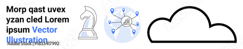 Cloud computing, networking systems, strategic planning, technology icons, data integration, connectivity. Chess knight symbol, network diagram cloud shape. Strategic planning and networking systems