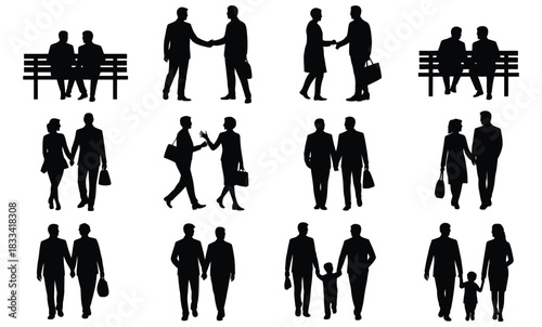 Silhouettes of diverse people in various interactions: couples, families, business, and individuals.