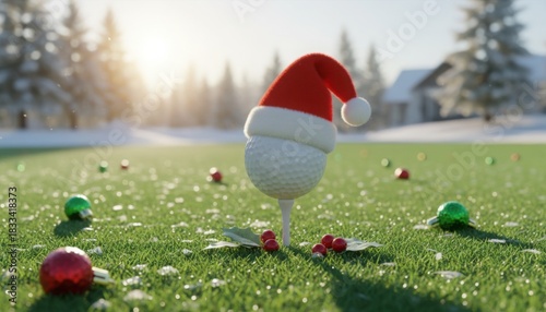 A festive golf ball with a Santa hat stands on a winter course surrounded by holiday ornament