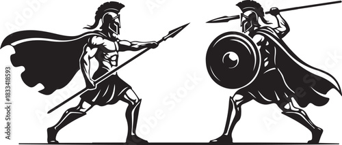 Two ancient greek spartan warriors in battle stance, holding spears and shields, symbolizing strength, courage, and historical combat.