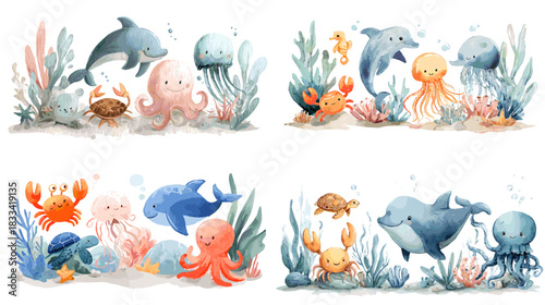 Playful underwater illustrations featuring dolphins octopus jellyfish crab turtle and coral in soft pastel colors. Perfect for kids decor nursery art ocean themed design and cartoons.