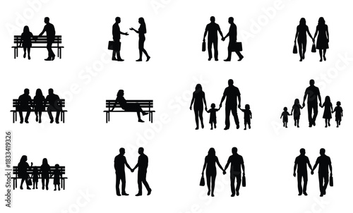 Diverse black silhouettes of people in various interactions: business, family, couples, social gatherings.
