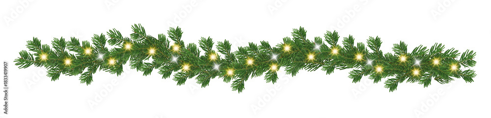 Fototapeta premium Horizontal Christmas garland with pine cones, fir branches, holly berries, glowing lights, and balls. Perfect for holiday banners, cards, and transparent background