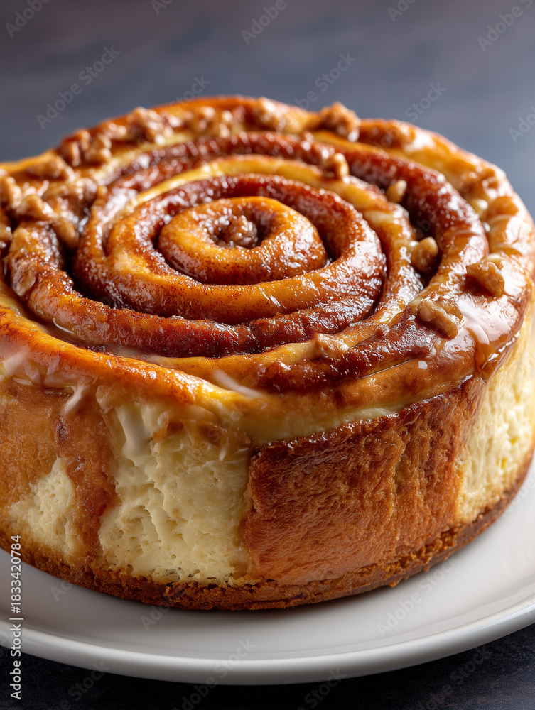 Fototapeta premium Glazed cinnamon roll with walnuts on white plate