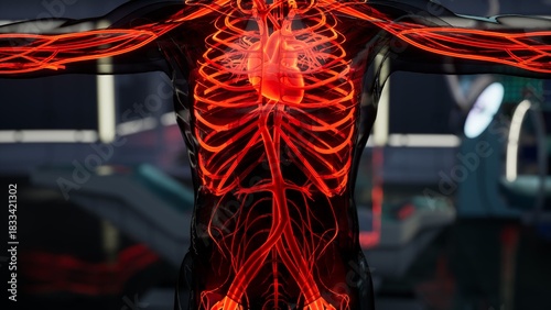 Vivid red blood vessels encircle the heart and lungs, showcasing the complexity of the circulatory system. This captivating depiction illustrates vital connections throughout the body.