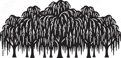 Weeping Willow Forest Horizon Silhouettes with Drooping Branches and Serene Landscape