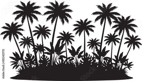 Tropical Island Horizon Silhouettes Densely Packed with Coconut Palms and Broad Leaves
