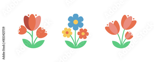 Flower spring vector flat cartoon icon set. Floral plant garden spring abstract flower element simple isolated icon collection