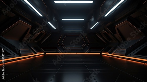 Fototapeta Naklejka Na Ścianę i Meble -  Futuristic Sci-Fi Corridor with Orange and White Lighting in a Dark, Modern Environment