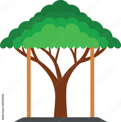 Arbor Tree Illustration with Green Layered Canopy and Brown Trunk Supported by Vertical Stakes