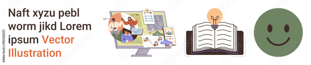 Fototapeta premium Online learning, team collaboration, virtual education, creativity, knowledge sharing, emotional well-being. Desktop screen with group visuals, book with lightbulb smiling face. Online learning