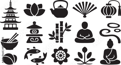 Asian cultural symbols displayed with black silhouettes on a white background representing traditions