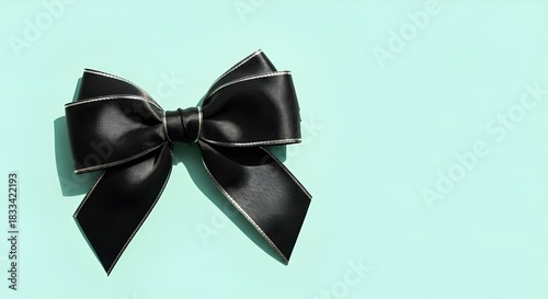 Black satin bow with silver trim, neatly tied, on a bright light blue background. perfect for gifts, celebrations, promotions, events, space.