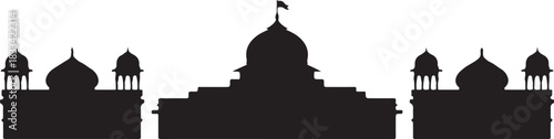 Black building silhouette features domes and a flag, against a transparent background