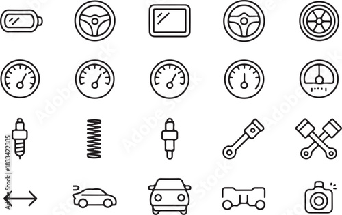 Black outline depicts automotive parts and technology icons in minimalist line style, transparent background