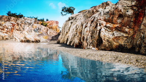 Photography Bright blue waters mirror the colorful cliffs along the shore