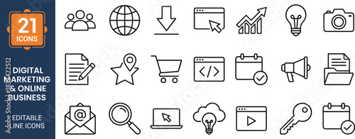Digital marketing and online business icon set featuring analytics, ecommerce, content creation, SEO tools, web development, communication symbols, and editable line illustrations