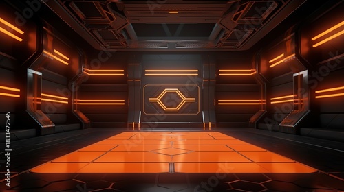 Fototapeta Naklejka Na Ścianę i Meble -  Futuristic Sci-Fi Interior Corridor with Orange Illumination and Hexagonal Design Elements