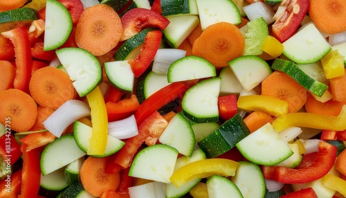 background of sliced vegetables such as carrots, bell peppers, onions,