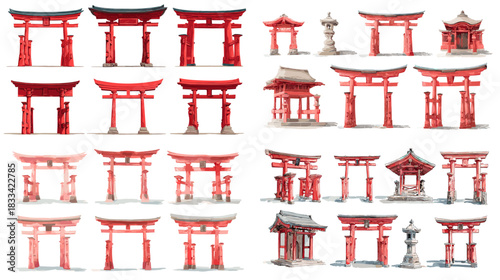 Watercolor illustration of traditional Japanese torii gates and shrine structures in soft red tones. Perfect for cultural themes, travel design, architecture art, and Asian heritage projects.
