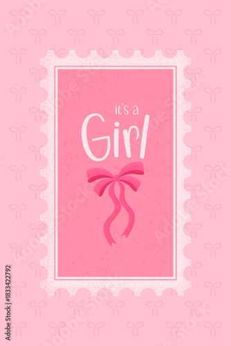 Pink newborn announcement card with decorative bow, soft pastel texture and the phrase “it’s a girl.” Perfect for baby arrival greetings, nursery decor, invitations and sweet celebration designs.