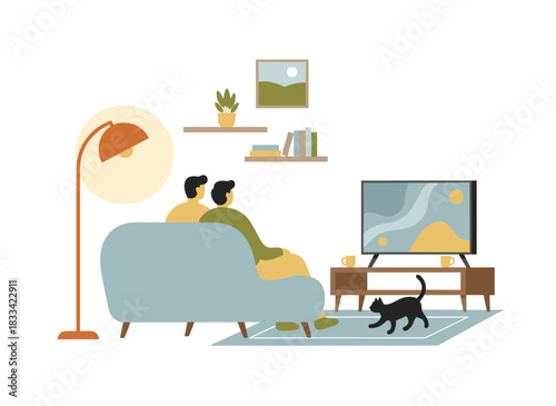 A vector illustration of a cute cartoon couple—a man and a woman—sitting on a cozy couch and watching TV, enjoying a fun time together at home