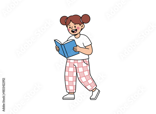 Adorable girl reading aloud, a cheerful child holding a book, studying with a textbook and notebook, depicting elementary education in a flat vector illustration on a white background