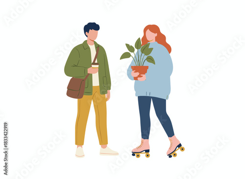 Stylish couple with shopping bags gearing up for the winter holidays, a young man and woman clutching Christmas gifts while sipping coffee on Christmas Eve, depicted in a flat vector illustration